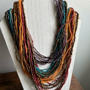 Vintage Multi-Strand Beaded Statement Necklace in Red, Teal & Gold